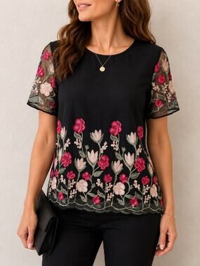 EST 1946 Black Floral Embroidered Mesh Top Sheer Fairycore Romantic Boho Medium